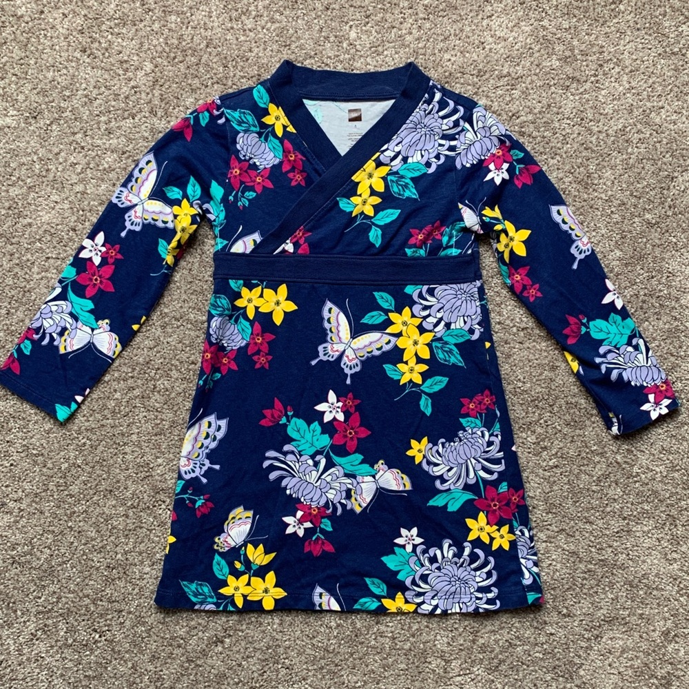 Tea Collection Printed Wrap Neck Navy Floral Butterfly Cotton Dress Size 4
